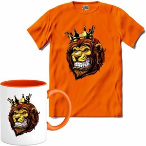 Oranje Leeuw - WK en EK voetbal - koningsdag en Koninginnedag feest kleding - T-Shirt met mok - Meisjes - Oranje - Maat 12 jaar