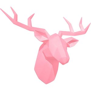 Geometrische hertenkop van hars, 3D-wandhouder, hert, dierenkop, sculptuur, stijlvolle hertenkop, decoratieve hertenkop voor kantoor, bar en vakantiehuisdecoratie (medium, roze)