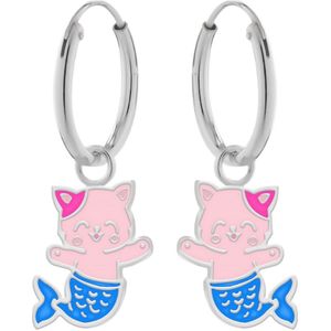 Oorbellen meisje | Zilveren kinderoorbellen | Zilveren oorringen met hanger, roze katje met blauwe zeemeerminstaart