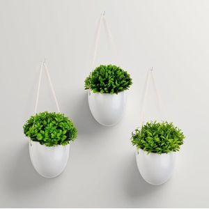 Set van 3 kunstplanten in wandvazen van wit keramiek | kleine hangplant kunstplant (18 cm) incl. spijkers om op te hangen | wandvaas met kunstplant hangend | kunstmatige hangplanten