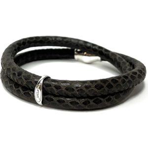 Jolla - dames armband - zilver - leer - slangenprint - Logo Snake - Donker Bruin