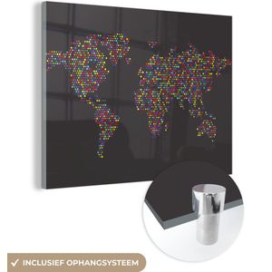 MuchoWow® Glasschilderij 160x120 cm - Schilderij acrylglas - Wereldkaart - Stippen - Kleuren - Foto op glas - Schilderijen