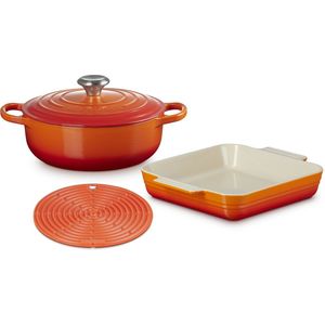 Le Creuset - Braadset - Oranjerood - 3-delig - Braadpan - Ovenschaal - Onderzetter