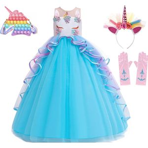 Het Betere Merk - Fidget Speelgoed - Unicorn speelgoed - Unicorn jurk - Blauw - Prinsessenjurk meisje - maat 128 (130) - Fidget Unicorn tas - cadeau meisje - verkleedkleren - kleed