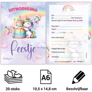 Uitnodiging kinderfeestje Unicorn - Voordeelset 20 stuks - Beschrijfbaar - Uitnodigingskaarten - Uitnodiging verjaardag - uitnodiging verjaardag feest - Uitnodiging kinderfeestje Jongen of Meisje - Uitnodigingen - Unicorn