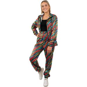 PartyXplosion - Jaren 80 & 90 Kostuum - Jaren 80 Retro Trainingspak Kleurige Zebra Strepen Dames - Vrouw - Multicolor - Extra Small - Carnavalskleding - Verkleedkleding