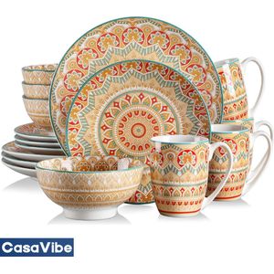 CasaVibe Luxe Serviesset – 16 delig – 4 persoons – Porselein - Bordenset – Dinner platen – Dessertborden - Kommen - Mokken - Set - Mandala
