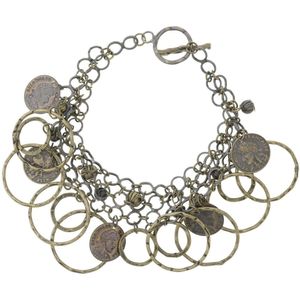 Behave Vintage bedel armband oud goud kleur met munten en ronde hangers 17 cm