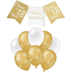 Paperdreams Luxe 18 jaar feestversiering set - Ballonnen & vlaggenlijnen - wit/goud