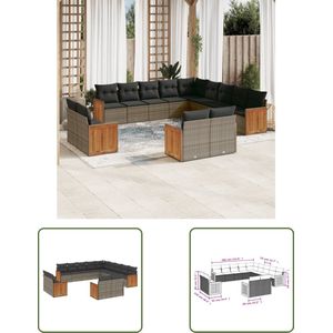 The Living Store 13-delige Loungeset met kussens poly rattan grijs - Loungebank - Tuinset - Lounge Set - Buitendecoratie - Tuinmeubels