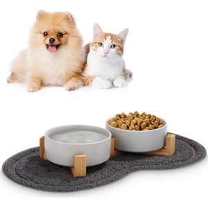 Voerbak voor honden, keramische voerbak voor katten, dubbele voerbak voor honden en katten, met bamboe standaard en antislip onderlegger (400 ml, 2 x grijs)