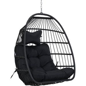 Basket Hangstoel Symphony - Zwart Wicker - Zwart Touw - Zwart Kussen- Opvouwbaar - Voor Binnen en Buiten