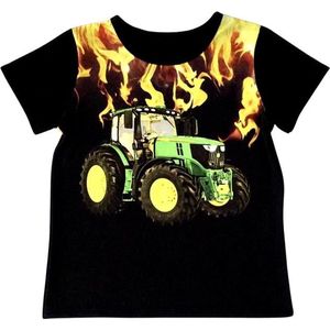 T-shirt met John Deere , trekker, tractor, zwart, full colour print, kids, kinder, maat 146/152, stoer, vuur, fire, mooie kwaliteit!