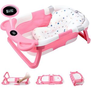 Babybadje, opvouwbaar babybadje, antislip draagbaar opvouwbaar bad met steunkussen zitmat, babybadje babybadje, draagbaar reisbadje voor pasgeborenen 0-36 maanden roze