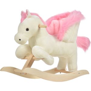 HOMCOM Kinderhobbelpaard baby schommeldier paard met dierengeluiden speelgoed handgrepen voor 18-36 maanden pluche wit + roze 70 x 28 x 57 cm