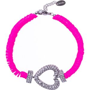 Nouka Dames Armband – Zilver Gekleurd met Roze Kralen - Zilver Gekleurd Hart met Steentjes - Stainless Steel – Cadeau voor Vrouwen