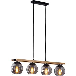 Hanglamp zwart, licht hout, 4-lichtbronnen - vintage, retro hanglamp zwart, 3-vlammig, Industrieel, modern Plafond Lamp voor Eetkamer, keuken, slaapkamer, woonkamer
