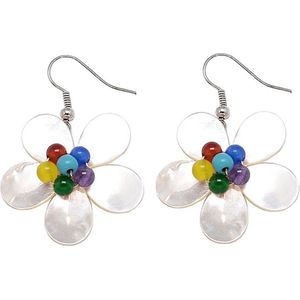 Parelmoeren oorbellen White Shell Flower Multi Stone - oorhangers - parelmoer - sterling zilver (925) - wit - multi color - bloem