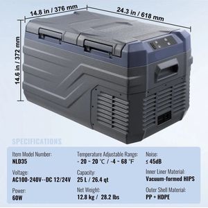 Auto Koelkast - Camping Koelkast - Draagbare Auto Koelbox - Compressor Koelkast 12V/24V - 25L - Snelle Koeling - Energiezuinig - Voor Auto - Camper - en Boot