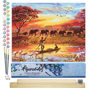 Figured'Art Schilderen op Nummer Volwassenen canvas Zonsondergang met olifanten - Handwerk acrylverf Kit DIY Compleet - 40x50cm met DIY houten lijst