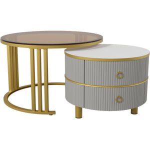 2-in-1 ronde MDF salontafel, bijzettafel met 1 hoogglans tafelblad en 1 bruin gehard glazen tafelblad, salontafelcombinatie voor in de woonkamer met 2 lades, 70*70*45 + 50*50*40 cm