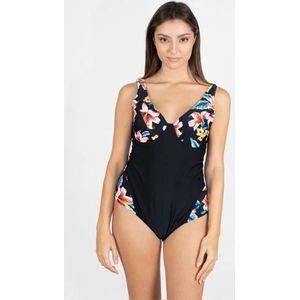 Zwempak Dames- Grote maat Badpak met beugel (Cup niet voorgevormd) Dames Badmode Bikini- Strandkleding Swimwear H7009- Zwart Bloemenprint- Maat 52