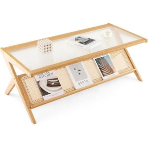 Salontafel van bamboe, rechthoekige bijzettafel met glazen tafelblad van 120 x 56 cm, kleine tafel met handgevlochten rotan opbergvak voor woonkamer, slaapkamer