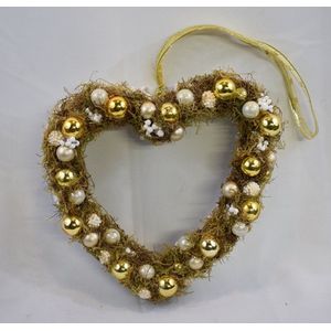 Krans, kerstkrans, hart, wit-goud, 100% natuurproduct, 25 x 25 cm