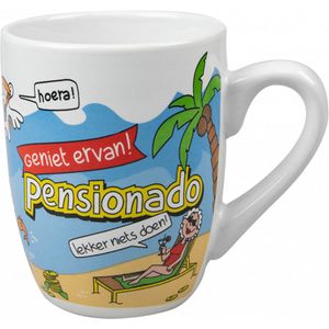 Pensioen - Mok - Drop - Pensionado - Cartoon - In cadeauverpakking met gekleurd krullint