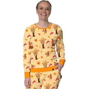 Happy Pyjama's - Paddestoelen, eekhoorns en herfstbladeren - Pyama dames volwassenen - Premium zacht katoen - Maat S (XS-M)