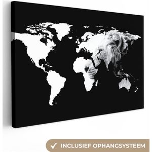 Canvas Wereldkaart - 90x60 - Wanddecoratie Wereldkaart - Zwart - Wit - Leeuw