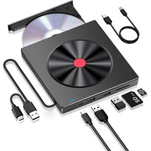Externe CD DVD Speler en Brander – USB 3.0 & Type-C – Draagbare DVD Drive met USB Poort & SD/TF Kaartlezer – Snelle Gegevensoverdracht – Compatibel met Laptop & PC