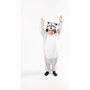 KIMU Onesie Grijze Wasbeer Pakje - Maat 86-92 - Wasbeerpak Kostuum Grijs Pak - Peuter Boxpakje Jumpsuit Pyjama Jongen Meisje Overall Fleece Festival