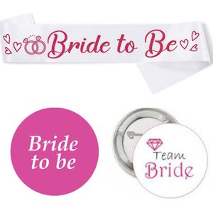 Bride to Be set met sjerp en buttons roze en wit 14-delig - vrijgezellenfeest - sjerp - button - bruid - bride toe be - huwelijk - bruiloft - trouwen