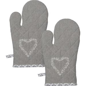 HAES DECO - Set van 2 Ovenwanten - formaat 16x30 cm - kleuren Grijs / Wit - van 100% Katoen - Collectie: Lovely Heart - Ovenhandschoenen