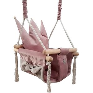 Luxe houten handgemaakte roze baby schommel en kinder schommel met kroon vormig kussen – Baby swing - Schommelstoel - Schommels