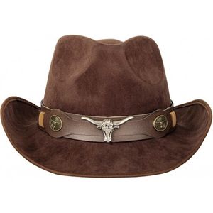 KIMU Cowboyhoed Donkerbruin Stier - Western Rodeo Cowboy Hoed Suedine Bruin - Usa Texas Wilde Westen Dames Heren Festival