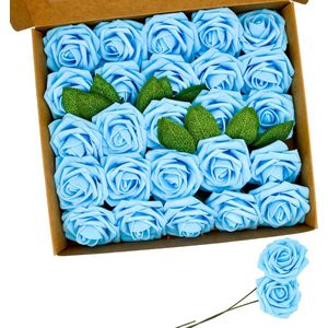 Rozen kunstbloemen, 25 stuks kunstbloemen, schuimrozen met stelen voor doe-het-zelf bruiloftsboeket, Valentijnsdag, feest, woondecoratie (blauw)