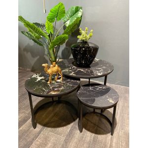 Salontafel Set van 3 – Rond Marmerlook & Zwart Metaal – Luxe Nesting Design