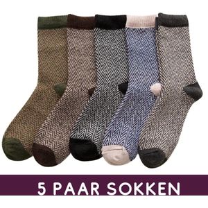 Warme Winter Sokken set van 5 paar - maat 37-42 - Visgraat patroon bruin/blauw/groen - Katoen & Wol - Dames/Heren