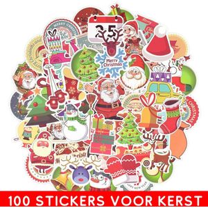 Kerst Stickers - 100 Stickers voor Kerstdecoratie, Muur, Kaarten, Cadeaus etc. 6x6CM - Met Kerstman, Rendier, Kerstboom, Merry Christmas