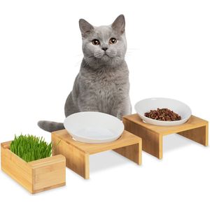 Relaxdays voerbakjes kat - set van 2 - met kattengrashouder - verhoogde eetbakjes keramiek