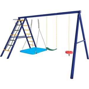 Multifunctionele outdoor schommelenset outdoor schommelcombinatie met 3 schommels + klimframe + basketbalring 310x174x203 cm Blauw