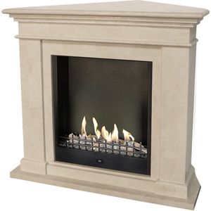 Xaralyn Kos-Corner BCL bio-ethanol open haard - Hoekhaard - Witte natuurstenen haardombouw - 3 KW verwarming