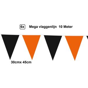 6x Mega vlaggenlijn zwart/ oranje 30cm x 45cm 10 meter - Reuze vlaggenlijn - vlaglijn mega thema feest verjaardag optocht festival