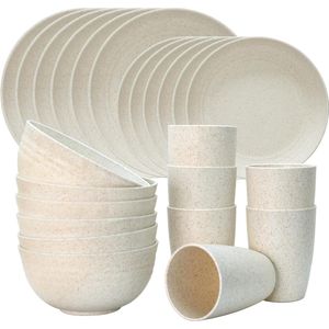 24 stuks campingserviesset, campingborden, set 6, onbreekbare kunststof servies, plastic servies, serviesset voor personen, 6 servies, caravanservies, set voor 6 personen (beige)