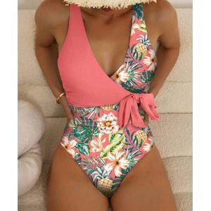 Sexy elegant corrigerende badpak met tropische print roze wit maat M
