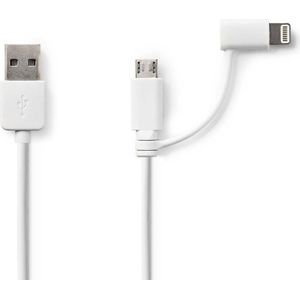 Nedis 2-in-1-Kabel - USB 2.0 - USB-A Male - Apple Lightning 8-Pins / USB Micro-B Male - 480 Mbps - 1.00 m - Vernikkeld - Rond - PVC - Wit - Polybag