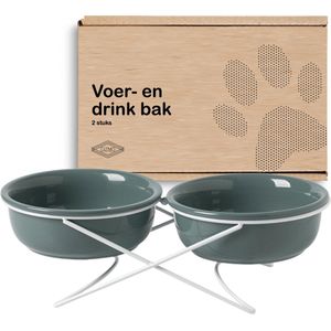 GIZMO Voerbak Kat/Hond Dubbel - Donkergroen - 2 Keramische Drink- & Voerbakken met Standaard - Drinkbak - 15 cm - 500ML