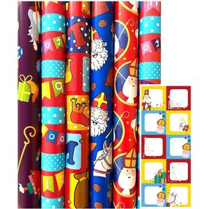 Sinterklaas Cadeaupapier - Pakpapier en Inpakpapier 3 Meter - 6 Rollen inclusief Naamstickers